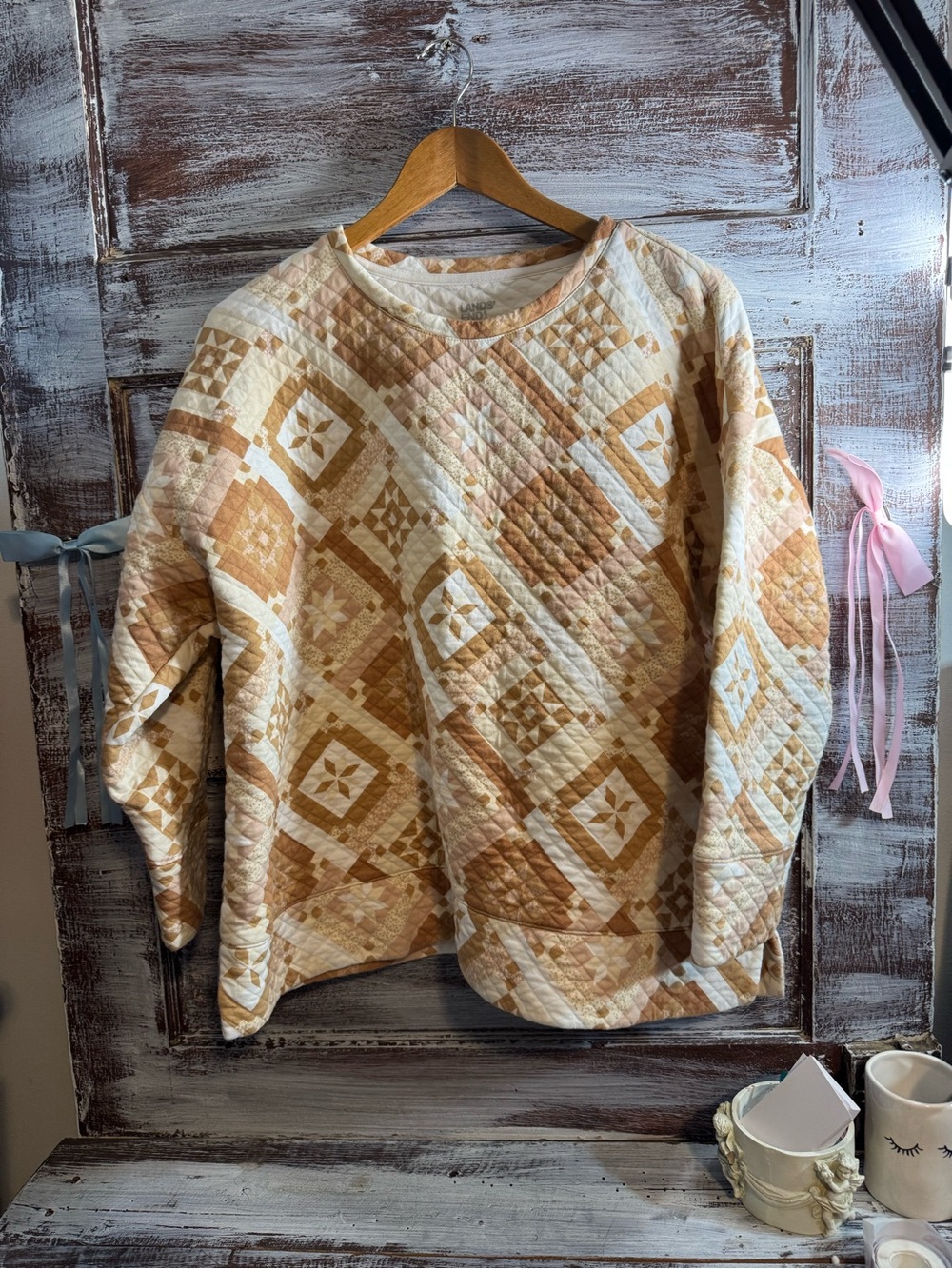 Lands' End Quilted Patchwork Sweatshirt in Cream and Tan